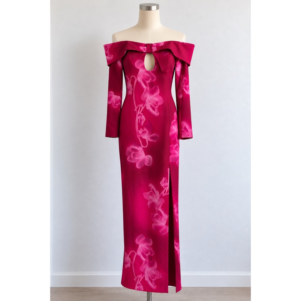 AMUR Fuchsia Orchid Floral Off-Shoulder Maxi Gown Keyhole Long Sleeve Side Slit